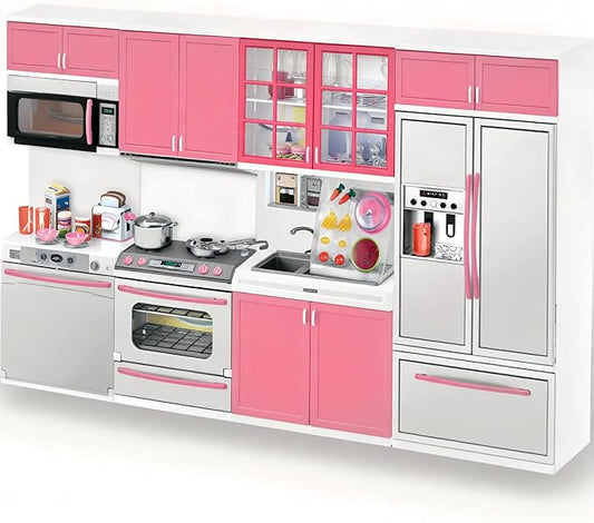 Doll Kitchen Playset for Kids, My Modern Mini Kitchen House Furniture Pretend Play Toy Accessories Set with Realistic Lights & Sounds for Toddlers, Girls (4-in-1)