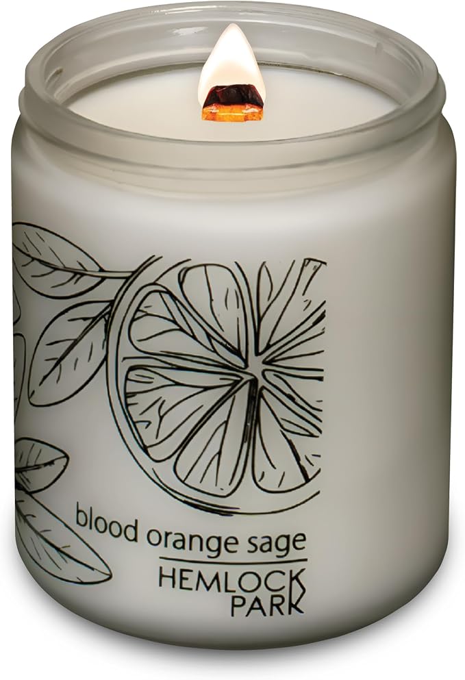 Hemlock Park Blood Orange Sage Frosted Scented Candle | Crackling Wood Wick, Botanical Fragrance & Coconut Apricot Wax | Up to 60 Hour Burn Time | 8 oz | Made in USA