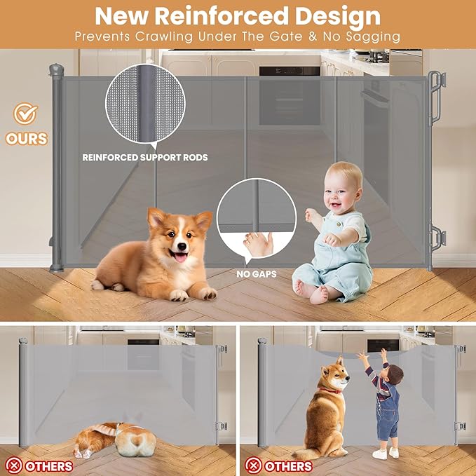 SPACEANY Reinforced Retractable Baby Gate, Mesh Dog Gate, Child Safety Gate for Doorways, Stairs, Hallways, Indoor/Outdoor, Wide Openings -33.5" Tall, Width up to 55" Gray
