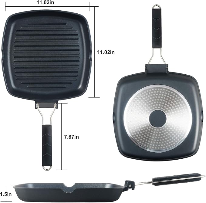 S·KITCHN Grill Pan with Folding Handle, Nonstick Grilling Pan for Stove Tops, Induction Compatible Square BBQ Pan with Pour Spouts - 11 in