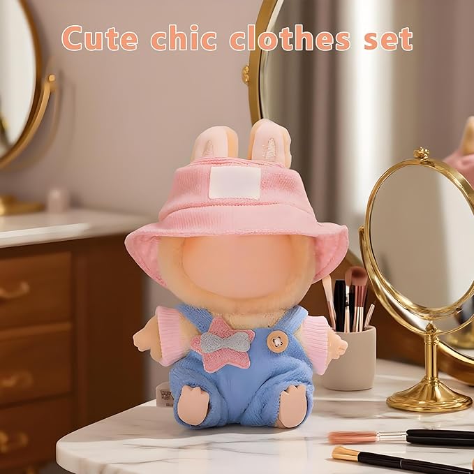 17cm Doll Clothes Outfits - Cozy Knit Top & Beanie Hat for Plush/Blind Box Collectibles (Blue Overalls)