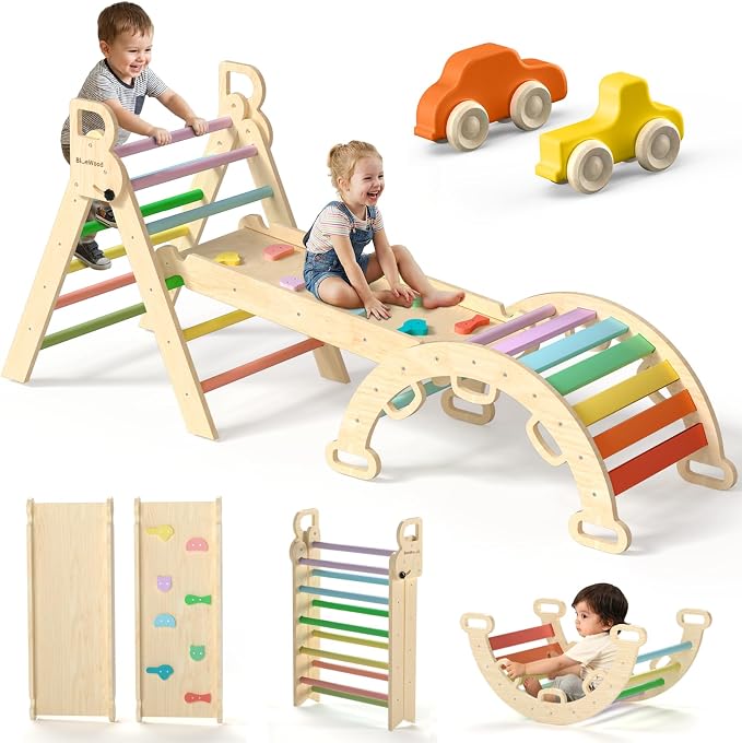 BlueWood Pikler Triangle Set with Safe Handle, Foldable 7-in-1 Montessori Toddler Climbing Toys Indoor, Wooden Pickler Climbing Set, Baby Jungle Gym & Playground, Climbing Toys for 1-3 Year, Rainbow