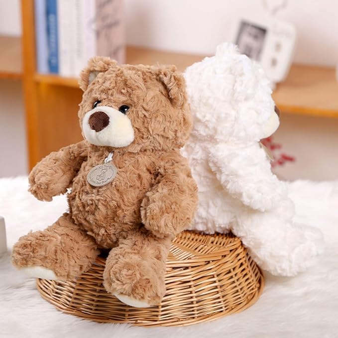 9.8 Inch Soft Teddy Bear Plush Toy, Cuddly Stuffed Animal for Kids & Toddlers, Brown Fluffy Plushie, Gift for Birthday, Valentine's Day, Christmas (White)