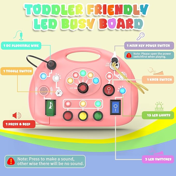 Toddler Busy Board with Led Light Switch, Travel Sensory Board Montessori Toddlers Toys 1-2 Year Old, Baby Educational Activities Travel Essential Toys Ideal Christmas & Birthday Gift (Pink)
