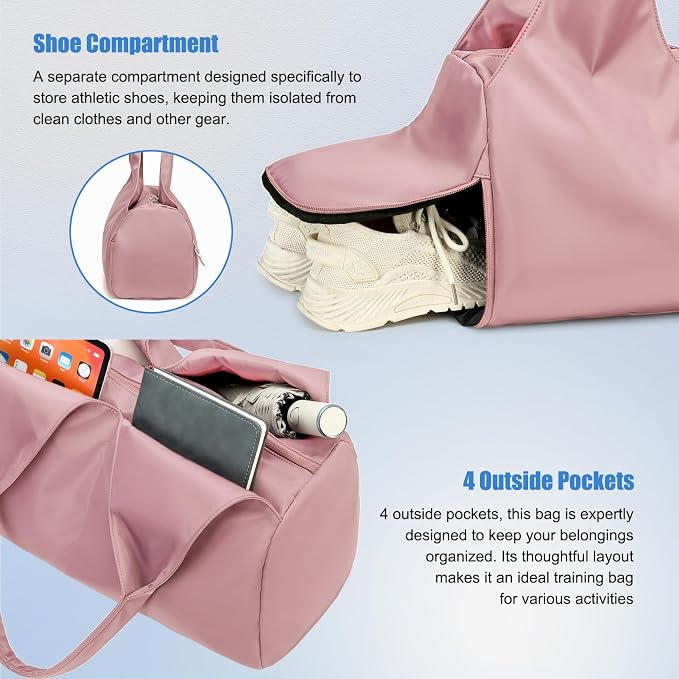 Forestfish Yoga Gym Bag For Women With Shoes Compartment & Wet Dry Storage Pockets Lightweight Duffel Bag, Pink