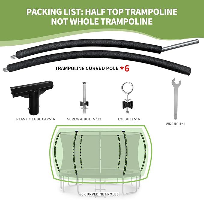 6 PCS Trampoline Curved Pole Replacement, Universal Curved Enclosure Net Poles for 8-16ft Frame, with Plastic T Connector, Mounting Hardware, Foam Cover Padding