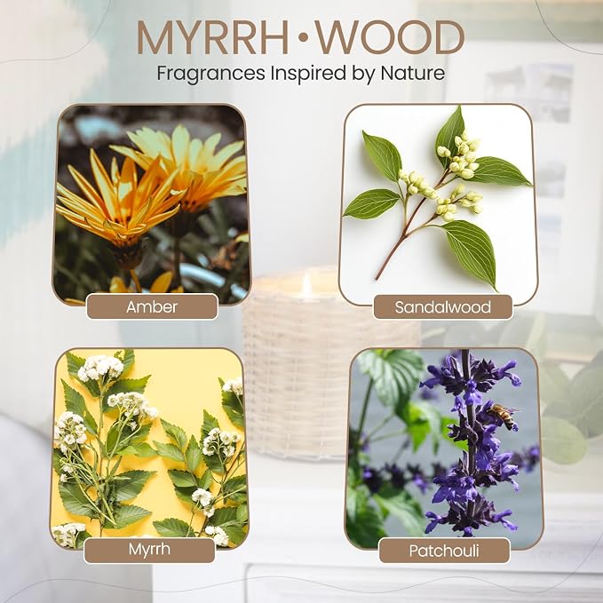 Myrrh Wood Scented Candle – Luxury 12oz Soy Wax, 2-Wick Handwoven Glass Jar, Earthy Patchouli and Myrrh with Warm Amber and Sandalwood – Santal Candle, 75+ Hour Clean Burn, USA Made