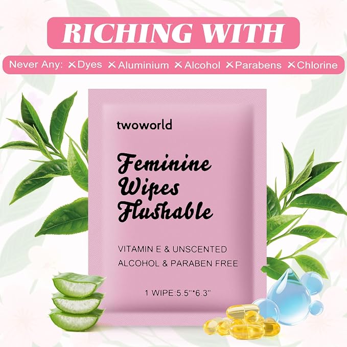 twoworld 200 Feminine Wipes Individually Wrapped,Flushable Wipes Travel | Feminine Care Vaginal Wipes for Adult,Women,Girl and Homeless(Unscented)