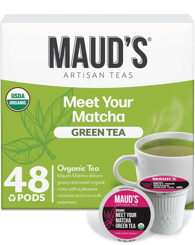Maud's Organic Matcha Green Tea Pods, 48 ct, Single Serve Tea Pods – 100% Gourmet Blended Tea Leaves, Compatible with Keurig K Cups Maker