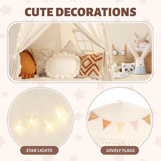 Sumbababy Large Teepee Tent for Kids: with Star Lights & Flags - Tent for Kids Indoor Kids Teepee for Boys & Girls - Playhouse Inside Canopy Bed for Playroom Gift Toys (Cream)