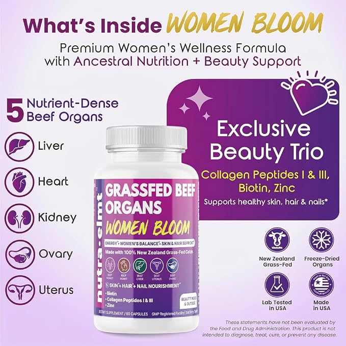 Beef Organ Supplement for Women – NZ Grass Fed | Biotin Collagen Zinc | Women’s 5-organ blend with Uterus & Ovary + Beauty Trio: Biotin, Collagen & Zinc. NZ Grass-Fed. Made in USA. 2 caps daily.