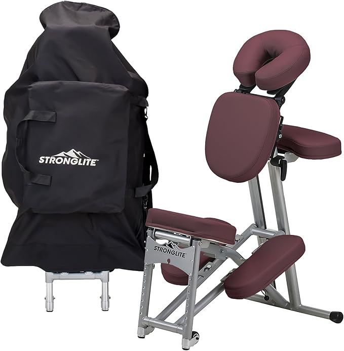 STRONGLITE Portable Massage Chair Ergo Pro II - Ultra-Strong, Lightweight, Foldable Tattoo Spa Chair with Wheels & Carry Case (600lbs Working Weight), Burgundy