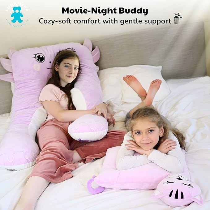 LUNAMIRA Kids Cat Plush Pillow – Cute Bedroom Decor Throw Pillow & Movie-Night Buddy, Cuddle Sleeping Pillow, Soft Comfort Toddler Travel Pillow, Washable Cover, 16”x14” Birthday for Kids