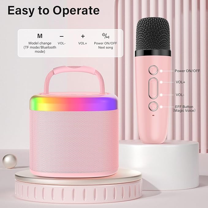 JYX Mini Karaoke Machine for Kids, Portable Bluetooth Karaoke Speaker Unpowered Cabinets with 1 Wireless Microphones and Party Lights and Adults, Birthday Gifts for Girls Boys Family Home Party(Pink)