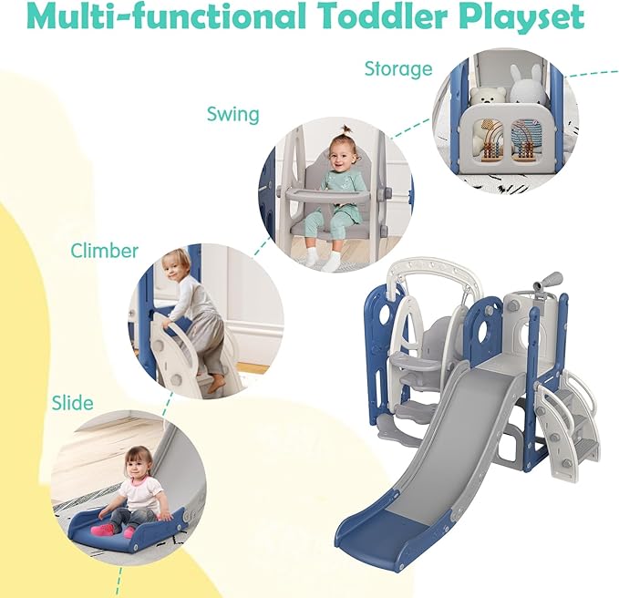 kinbor Toddler Swing and Slide Set - Indoor Outdoor Baby Slide for Toddlers 1-3, Toddler Playground with Basketball Hoop & Storage – Safe, Sturdy Kids Indoor Outdoor Playset, Blue