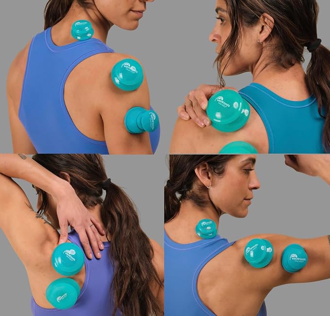 Wavetools Therapy Glide Silicone Sport Cupping Set of Mushroom Cups in case with Balm Ideal for Massage, myofascial Release, Circulation and Scars. (Translucent Teal Finish, 6 Pack in case)