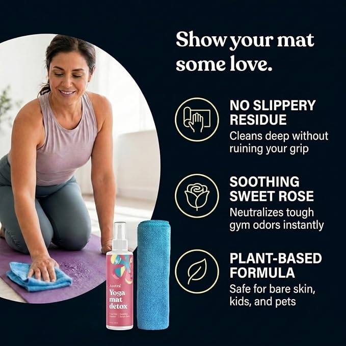 ASUTRA Yoga Mat Cleaner Spray (Soothing Sweet Rose), 4 fl oz - No Slippery Residue, Organic Essential Oils, Deep-Cleansing for Fitness Gear & Gym Equipment, Microfiber Towel Included