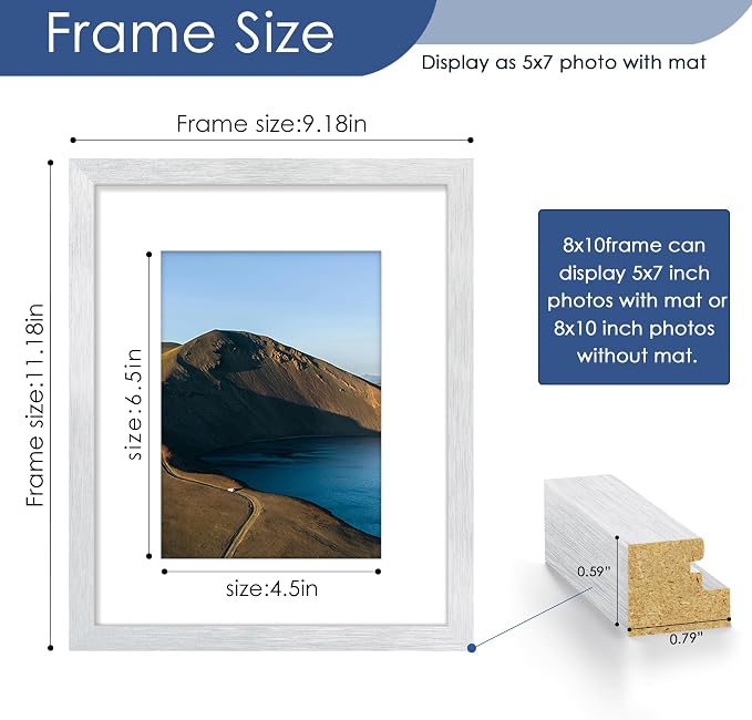 8x10 Picture Frame Set of 6, Wall or Tabletop Display, Silver | Display Pictures 5x7 with Mat or 8x10 Without Mat, Horizontal or Vertical, Gallery Wall Frame Set, Wedding Birthday Gifts