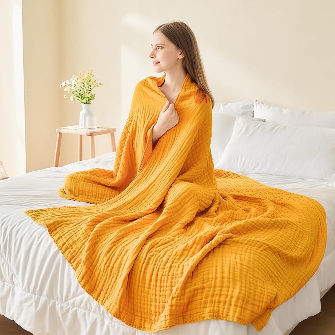 EMME Muslin Blankets for Adults Throw Blanket for Couch Breathable Gauze Soft Lightweight Airy Mustard Yellow Twin XL 66" x 90"