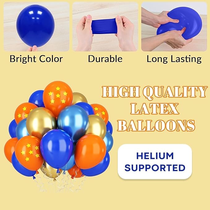 Orange Blue Balloons, 12 Inch Royal Blue and Matt Orange Metallic Gold Latex Balloons with Tangerine Star Printed Party Balloon for Kid Cartoon Theme Anime Birthday Outer Space Party Decoration