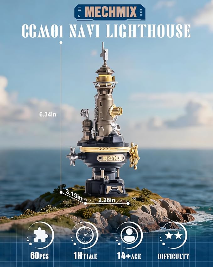 ROKR Navi Lighthouse Mechanical 3D Puzzle, Lighted DIY Building Set for Adults, Building Kits, Desk Decor & Birthday Gifts, Connectable to Mechmix Series