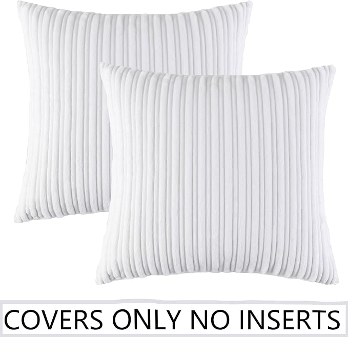 UGASA Pack of 2, Velvet Pillow Covers Striped, Decorative Throw Cushion Case with Hidden Zipper for Home Couch/Bedroom/Car, Soft Cozy Solid Square (18"x18", Pure White)