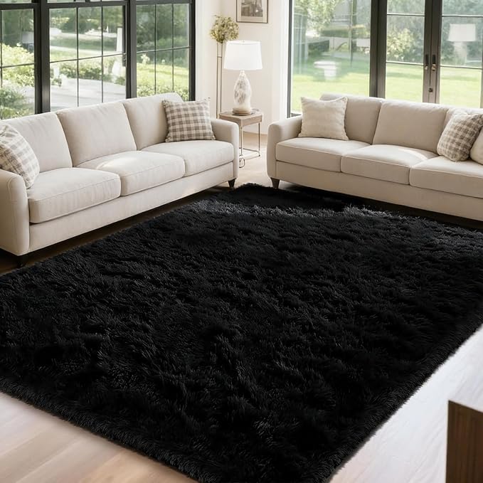 yongyangjuxin Fluffy Rug Shag Area Rug, Black 8x10 Area Rugs for Living Room, Large Shag Area Rugs for Bedroom Room Home Decor, Upgrade Anti-Skid Rectangular Fuzzy Rugs