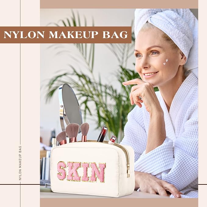 Preppy Makeup Bags Chenille Letter Stuff Bag Nylon Cosmetic Pouch Cases with Zipper for Women Travel Toiletry(Multi Colors,Classic,4 Pcs)