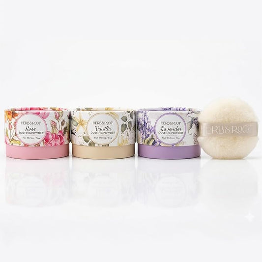 Herb & Root Talc Free Body Dusting Powders. Rose, Vanila, Sandalwood, Lavender, Jasmine, and Gift Sets (Travel Size, Lavender, Rose, Vanilla, Puff)