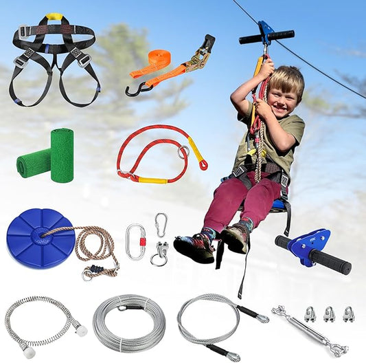 Zipline for Kids and Adult, Zip line Kits for Backyard with Stainless Steel Spring Brake, Cable Tensioning Kit, Safety Harness, 2 Tree Protectors and Full Set of Zip line Accessories
