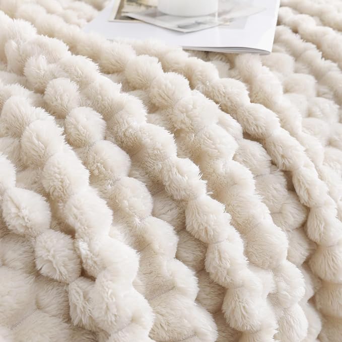Cream Fleece Throw Blanket 50”×60” for Couch Sofa Bed | Super Soft Cozy Plush Microfiber Flannel Blanket with 3D Jacquard Decorative Lightweight for Mom Woman