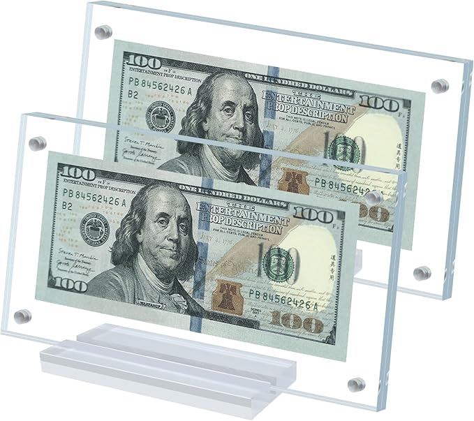2Pcs Dollar Bill Frame Display Acrylic Dollar Bill Holder for Collectors Currency Frame Display Case Double-Sided Transparent Ticket Banknotes Stamp Photo Protector(Transparent-2)