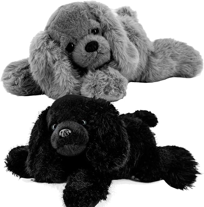 Plush Puppy Dog Set - 2 Pack 10 Inch Soft & Fluffy Stuffed Animal Dogs, Huggable Black & Gray Plush Puppies, Cuddly Toy Gift for Kids & Dog Lovers, Machine Washable & Ultra-Soft