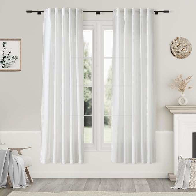 Nanspring Off White Semi Sheer Linen Curtains 72 inch Length for Living Room Back Tab Rod Pocket Modern Farmhouse Coastal Decor Cotton Textured Gauze Curtains for Dining Room Office Laundry 38x72