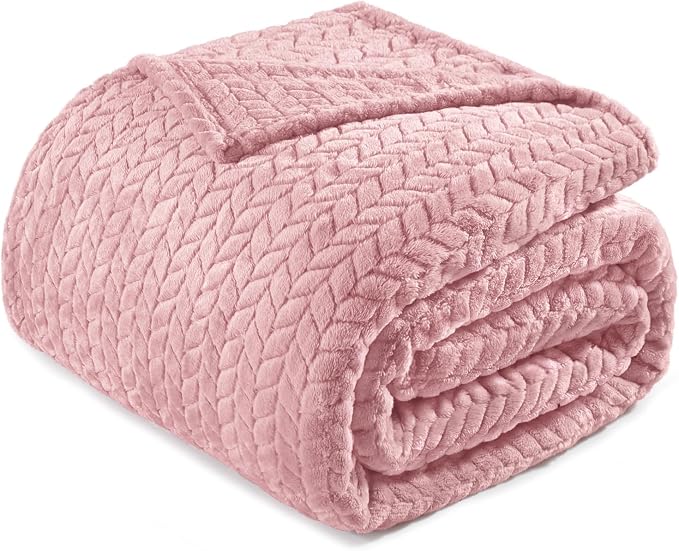 Exclusivo Mezcla Soft Fleece Bed Blanket Twin Size, 60”x80”, Pink | Cozy Fluffy Lightweight Blankets for Summer, Decorative Plush Flannel Throws for Living room, Bedroom with Leaves Pattern