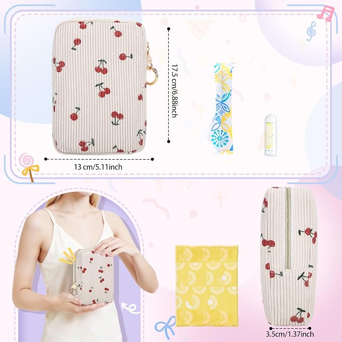 Corduroy Tampon Holder for Purse, Cute Large Period Bag with Ring Buckle, Portable Tampon Bag Organizer Case for Feminine Products (Dots Bow)