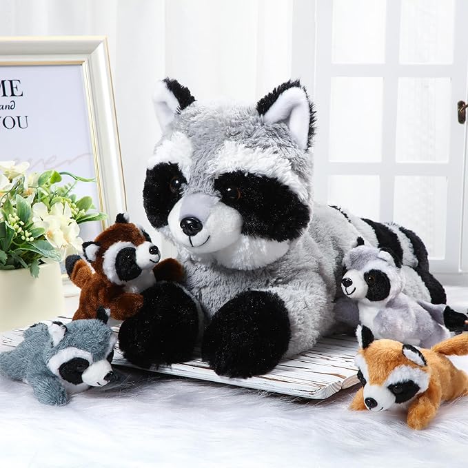 5 Pcs Raccoon Stuffed Animal Set Adorable Mommy Raccoon Plush with 4 Cute Babies in Tummy Soft Cuddly Plushie for Birthday Woodland Party Decor(Lovely Style)