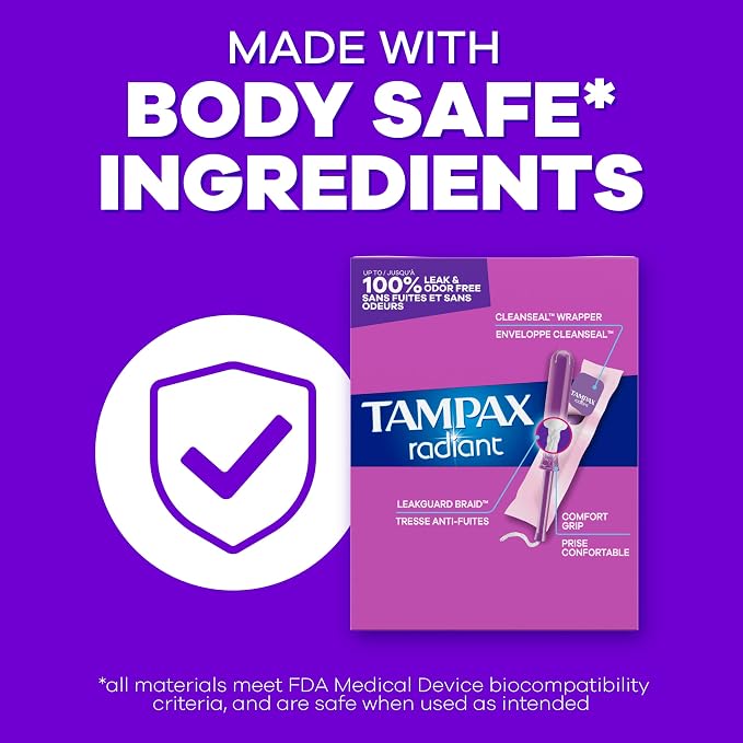 Tampax Radiant Tampons, with LeakGuard Braid, Light Absorbency, Up to 100% Leak and Odor Free Protection, Unscented, 84 Count (3 Packs of 28)