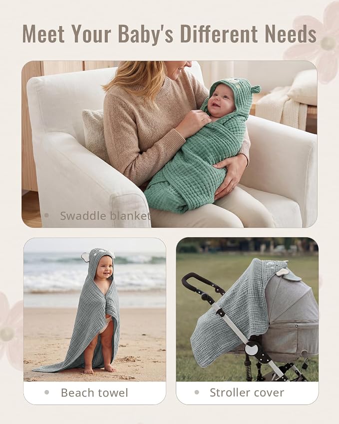 Blissful Diary Muslin Baby Hooded Towel 2 Pack, Soft & Absorbent Bath Towel for Infant, Toddler, Unisex, Baby Gift, Newborn Essentials, Smart Bear & Wise Elephant