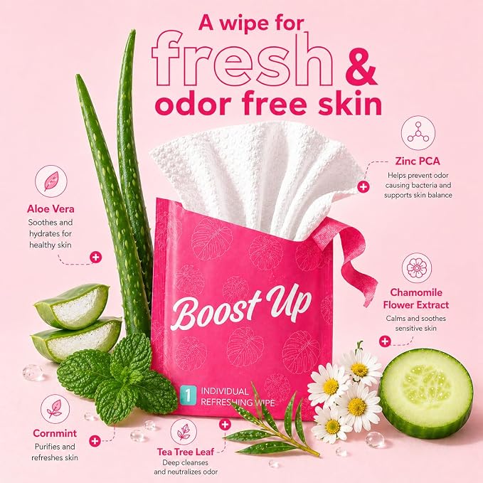 Muun Deodorant Body Wipes for Odor, 20 Count 18x20 cm Aluminum-Free Individual Wrapped Travel-Friendly Hygiene Personal Cleansing Wet Wipes for Intimate, Butt, Body