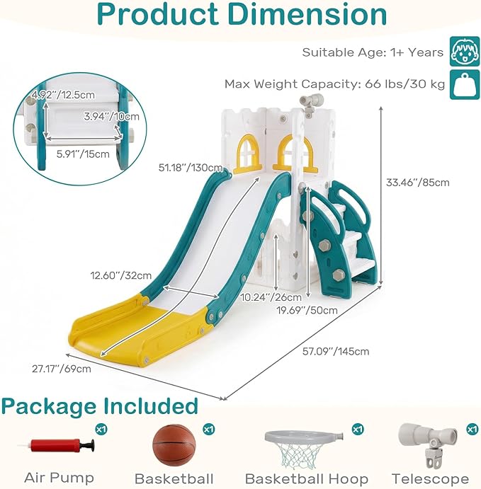 OLAKIDS Toddler Slide, 6 in 1 Kids Indoor Outdoor Playground with Climber Basketball Hoop Telescope Toy Storage for Boys Girls Aged 1+ (Yellow, 27'')