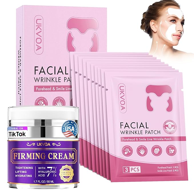 UKVOA Forehead Wrinkle Patches & Smile Line Patches, Overnight Facial Wrinkle Treatment with Hyaluronic Acid, Aloe, Collagen & Vitamin E to Lift Smile Lines for Women 36pcs with Neck Firming Cream