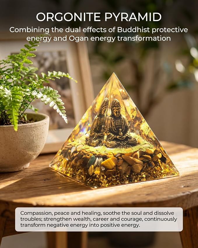 Orgone Pyramid with Healing Crystals - (Buddha, Golden) - Energy Generator for Positive Vibe, Stress Relief & Chakra Reiki Meditation - Pyramid Decor - Spiritual Gift for Success, Wealth & Prosperity