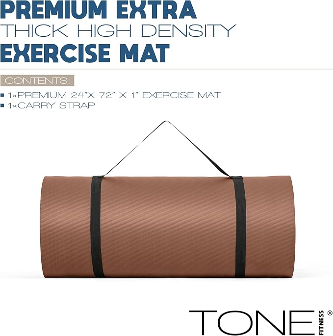 Tone Fitness 1-Inch Thick Yoga Mat | High-Density, Non-slip Exercise Mat with Carrying Strap for Yoga, Pilates, & Home Gym Workouts | Multiple Options