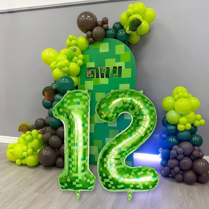 Gaint Green Pixel Number 12 Balloon, Dark Kelly Green Self Inflating 12 Balloons Number, 40 Inch Pixel Foil 12 Balloon for Boys Kid 12th Birthday Party Video Game Forest Golf Patrick's Day Decorations