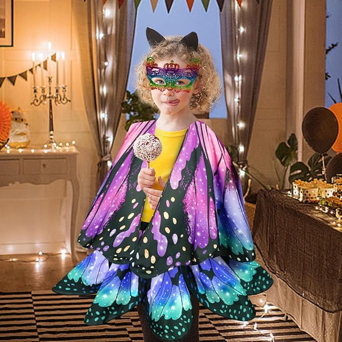 Kids Butterfly Wings Costume for Girls Fairy-Wings Toddler Dress Up Play Costumes Butterfly Skirt Set Mask Party Favors Gifts（Purple & Green+skirt sets）