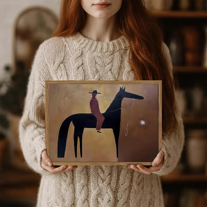 Vintage Western Cowboy Wall Art Abstract Southwestern Horse Wall Decor Painting, Mid Century Cowboy Poster Canvas Print Picture for Living Room Bedroom 16x24 inch Wood Framed