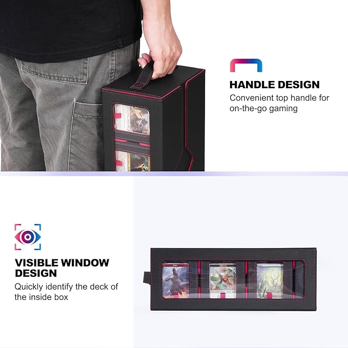 UAONO Commander Deck Box for MTG, 6-Deck Modular Card Case with Dice Tray Holds 600+ Double-sleeved Cards, Removable Trading Cards Storage Box with 35PT Magnetic Card Holders for TCG, Black Red