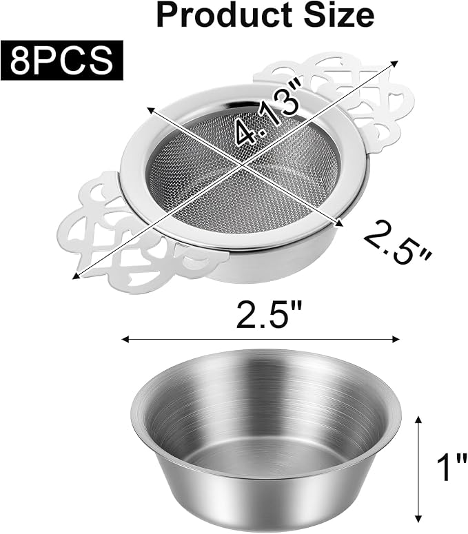 8 Pack Mesh Tea Filter Strainers, Stainless Metal Tea Infuser, Teas Steeper with Handle and Drip Bowl for Loose Teas, Sliver, 2.5 Inch