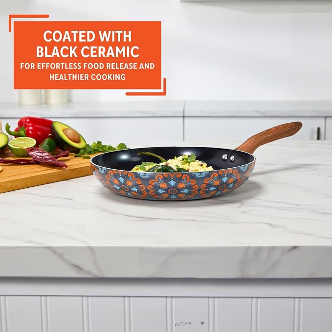 IMUSA 10 Inch Talavera Aluminum Black Ceramic Fry Pan with Woodlook Handle | Ceramic Nonstick, Glass Lid with Helper Handle, Deep Sauté Pan, Ideal for Family Cooking